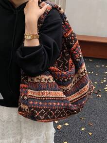 Bohemian Style Fuzzy Tote Bag, Large Capacity Shoulder Bag With Zipper Closure, Suitable For Daily Use, Commuting, Shopping, College Students, Colorblock Striped , Bohemian Outfit For Women - Multicolor - View 4