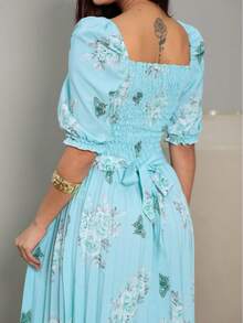 Vestido Midi Feminino estampado crepinho Manga Curto Cintura Alta Plissada