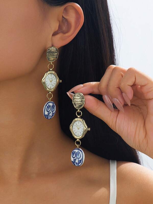 1 Paio di Orecchini Pendenti in Stile Vintage con Fiori in Ceramica e Resina Trasparente a Goccia, Design Elegante