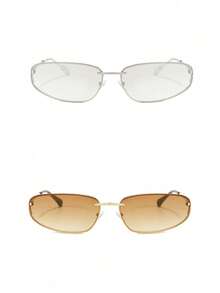 2 件装 2025 新款椭圆形无框 Y2K 时尚眼镜，复古高端欧美风格女士眼镜 - 金框雙茶片+銀框水銀片 - 查看 4