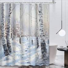 1pc Winter Snowy Birch Forest Printed Waterproof Mildew-Resistant Shower Curtain With Hanging Hooks, Suitable For Home, Apartment, Hotel Bathroom Decor