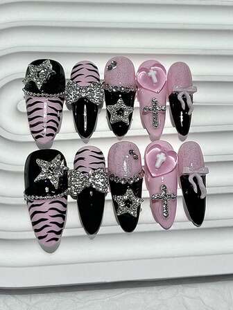 10PCS Y2K Baddie Gyaru Black Pink Long Tip French Press On Nails Jirai Nail 3D Bow Star Cross Love Zebra Print Kawaii Fake Nails Nail Supplies(1 Sheets Jelly Stickers+1PC Nail File)