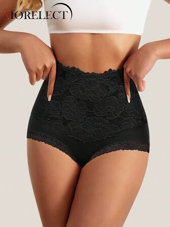 Morelect Culottes femme à taille haute avec patchwork en dentelle, noires avec motif jacquard, contrôle du ventre, douces et respirantes