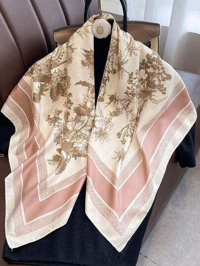 1条2025新款复古印花90厘米方巾，女士轻盈百搭，可作围脖或披肩，适合春秋季搭配连衣裙。