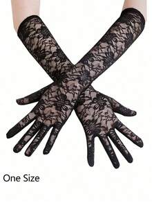 1Pair Black Lace Gloves, Elegant Tea Party Gloves, Women's Long Lace Mittens Gloves, Bridal Wedding Hand Decoration, Suitable Bachelorette Party And Wedding Decorative Gloves - 黑色 - 查看 4