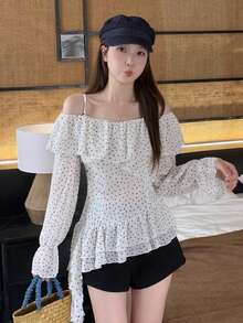 秋季女士波尔卡圆点不对称露肩衬衫，法式复古荷叶边露肩长袖衬衫 - 白色 - 查看 3