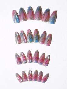 24Pcs Y2K Style Nails Medium Almond Cat Eye Press On Nails Gorgeous Colorful French Glossy Full Cover Fake Nail Graceful Butterfly False Nails For Women And Girls - Includes Nail File & Jelly Adhesive Nail Supplies Nails - Nhiều màu - Xem 4