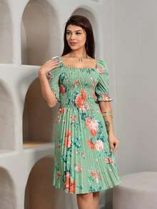 Vestido Curto Feminino estampado crepinho De Manga Curto Cintura Alta Plissada