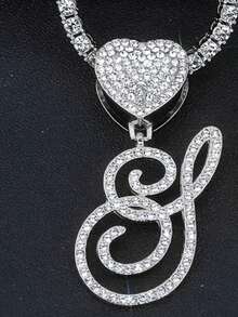 1 Set Women's Elegant Heart & Letter Pendant Necklace With Single Row Rhinestones, Matching Single Row Rhinestone Bracelet, Suitable For Daily Wear, Parties And Events, Versatile Jewelry Set - Fashionable Heart Letter Pendant Necklace - View 10