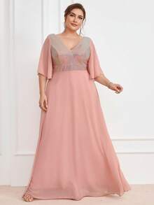 UNITHORSE V-Neck Sequin Patchwork Waist Cinched Chiffon Elegant Maxi Bridesmaid Dress - Pink - View 1