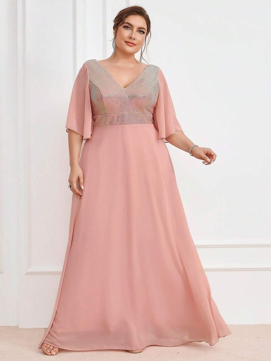 UNITHORSE V-Neck Sequin Patchwork Waist Cinched Chiffon Elegant Maxi Bridesmaid Dress - Pink - View 1