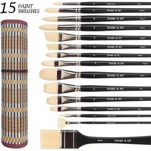 Natural Bristle Professional Paintbrushes Set 15PCS Long Handled Paint Brushes For Acrylic Painting Oil Paint Brushes Of Fan Round Flat Angled Filbert And Chip Tips With Bamboo Storage Pouch