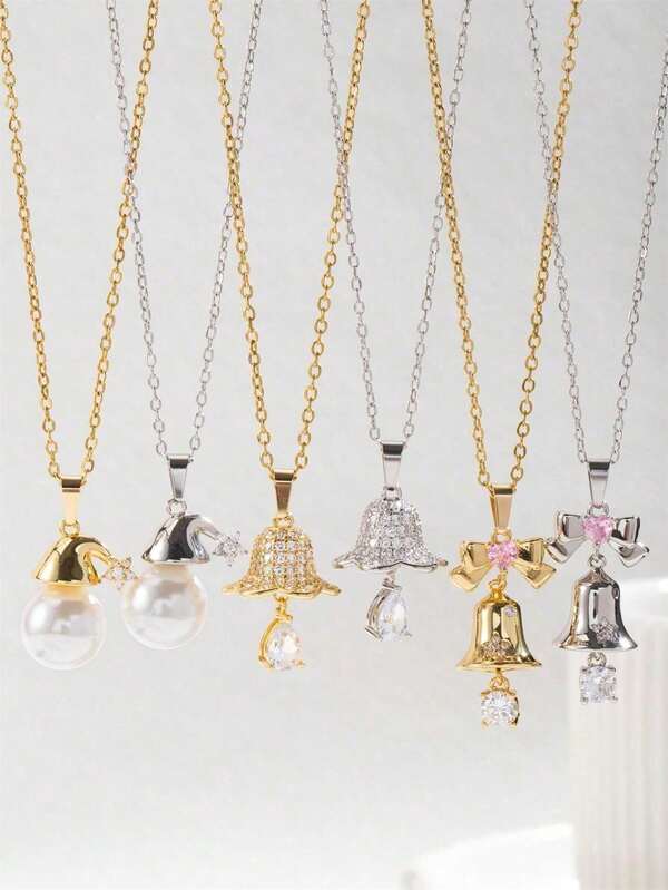 1pc Fashionable & Elegant 18K Gold Plated Copper Christmas Style Golden Bow Knot Bell Pendant Necklace, Suitable For Christmas Decoration And Other Holiday Decoration, A Christmas Surprise Gift For Family, Classmates And Friends