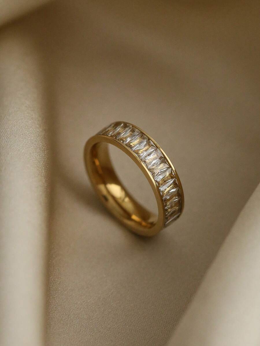 1 pieza Anillo de acero inoxidable con baño de oro de 18K y circonita cúbica, joya de mano de acero inoxidable minimalista y simple, adecuado para uso diario de mujeres, regalo