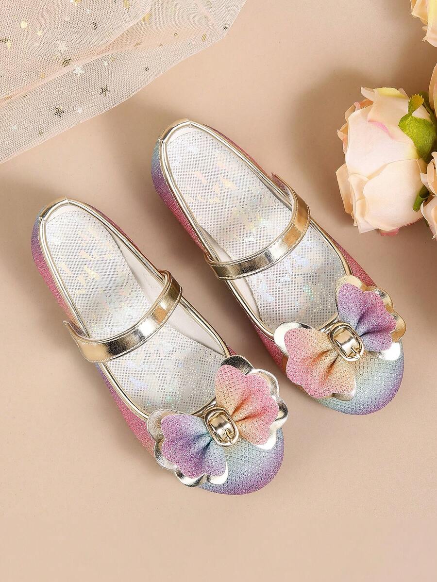 女童优雅蝴蝶结玛丽珍平底鞋，适合派对、圣诞节活动，秋冬搭配连衣裙 - 彩色 - 查看 1