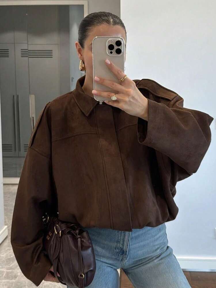 Chaqueta bomber elegante y elegante para mujer, con solapa sólida, cierre de presión delantero, bolsillos con cremallera, para 4 estaciones, para uso diario/playa/boda/graduación, café de verano - Café integral - Ver 8