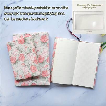 1 copertă de carte din pânză cu model de trandafir A5/A6, husă de planificator, husă de protecție pentru jurnal, husă protectoră pentru papetărie de birou, oferă 1 lentilă de mărire transparentă, poate fi folosită ca semn de carte