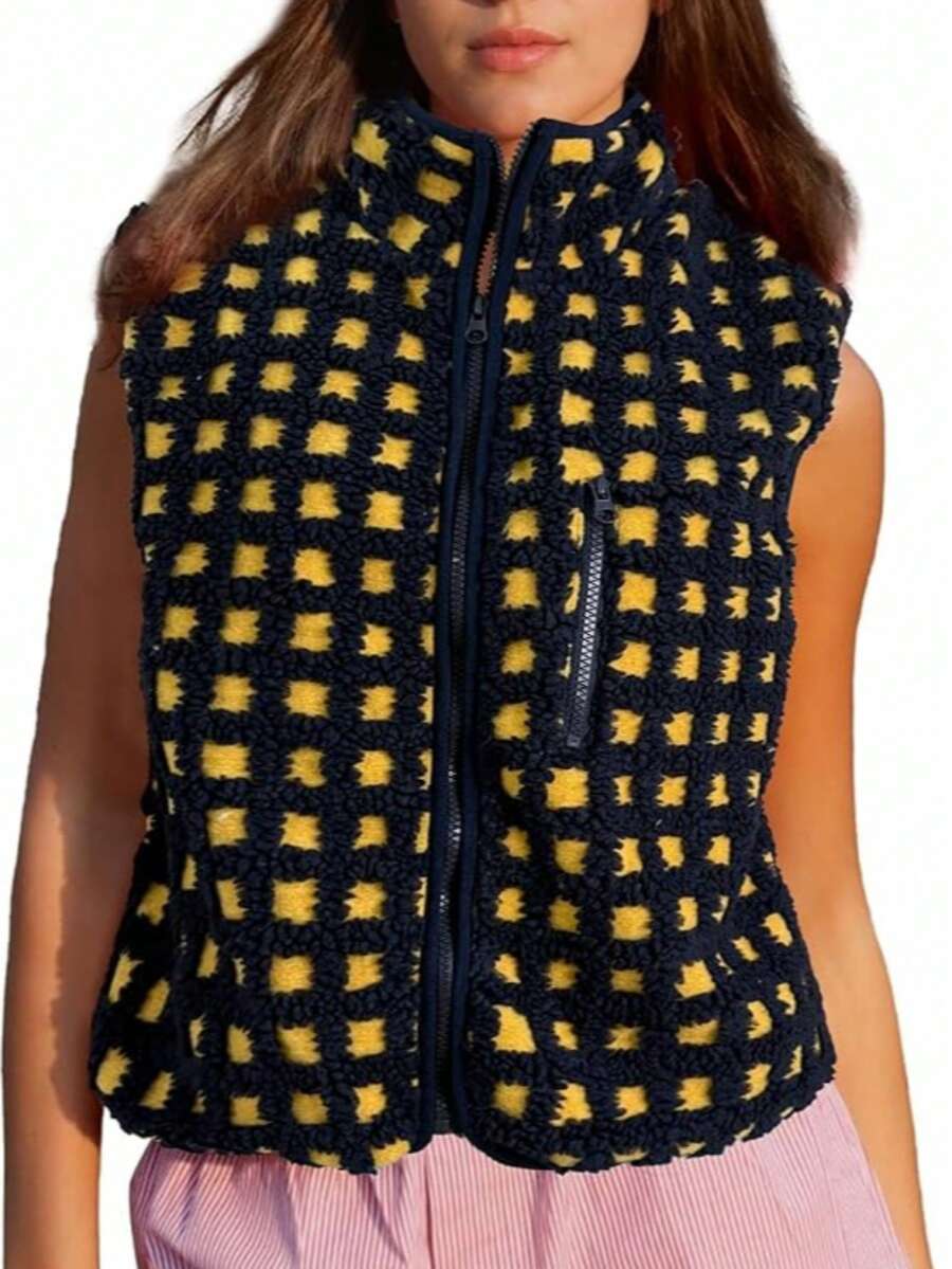 Womens Fuzzy Checkered Vest Sleeveless Stand Collar Zip Up Vest Jacket Winter Warm Outwear - 黑色和金色 - 查看 1