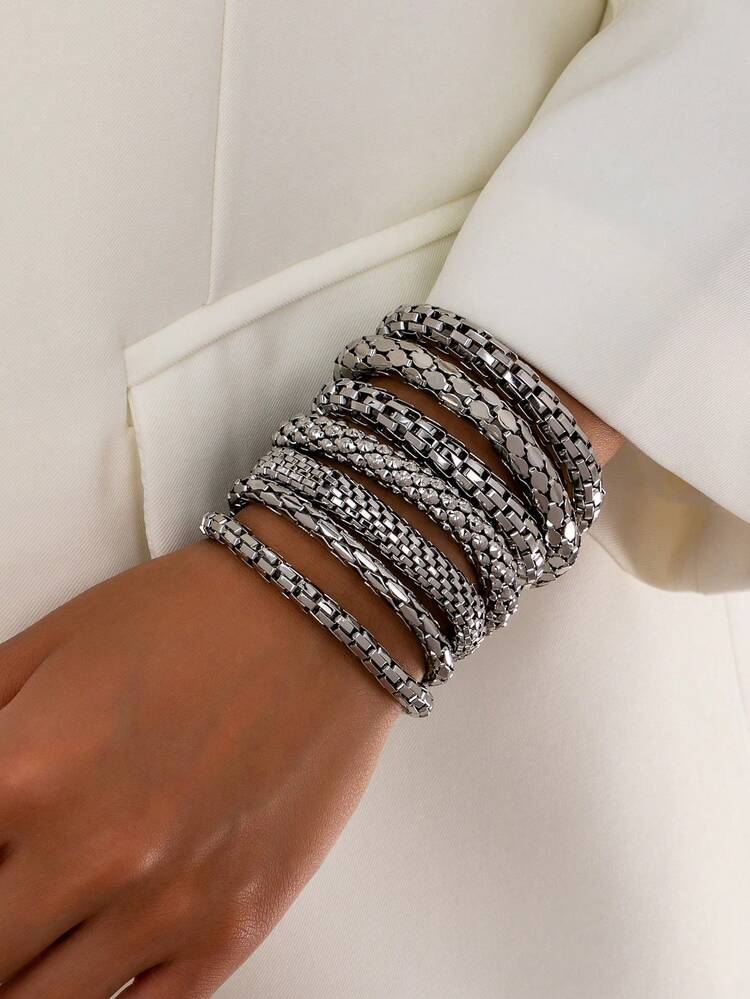 Pack Of 7 Retro Vintage Basic Design Chunky Chain Bracelets Set , Women Fashionable Bracelet Jewelry For Daily Wear - Mesh Tube Bracelet Set - View 14