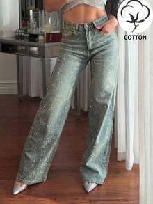 New Fashion European And American Style Women's Loose Straight Leg Full Rhinestone Embellished Denim Maxi Pants Casual - Light Wash - View 1