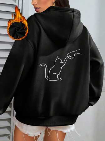 Casual Cat Print Fleece Hoodie, Drawstring  Pocket Loose Fit Fashion Sweatshirt, Autumn/Winter