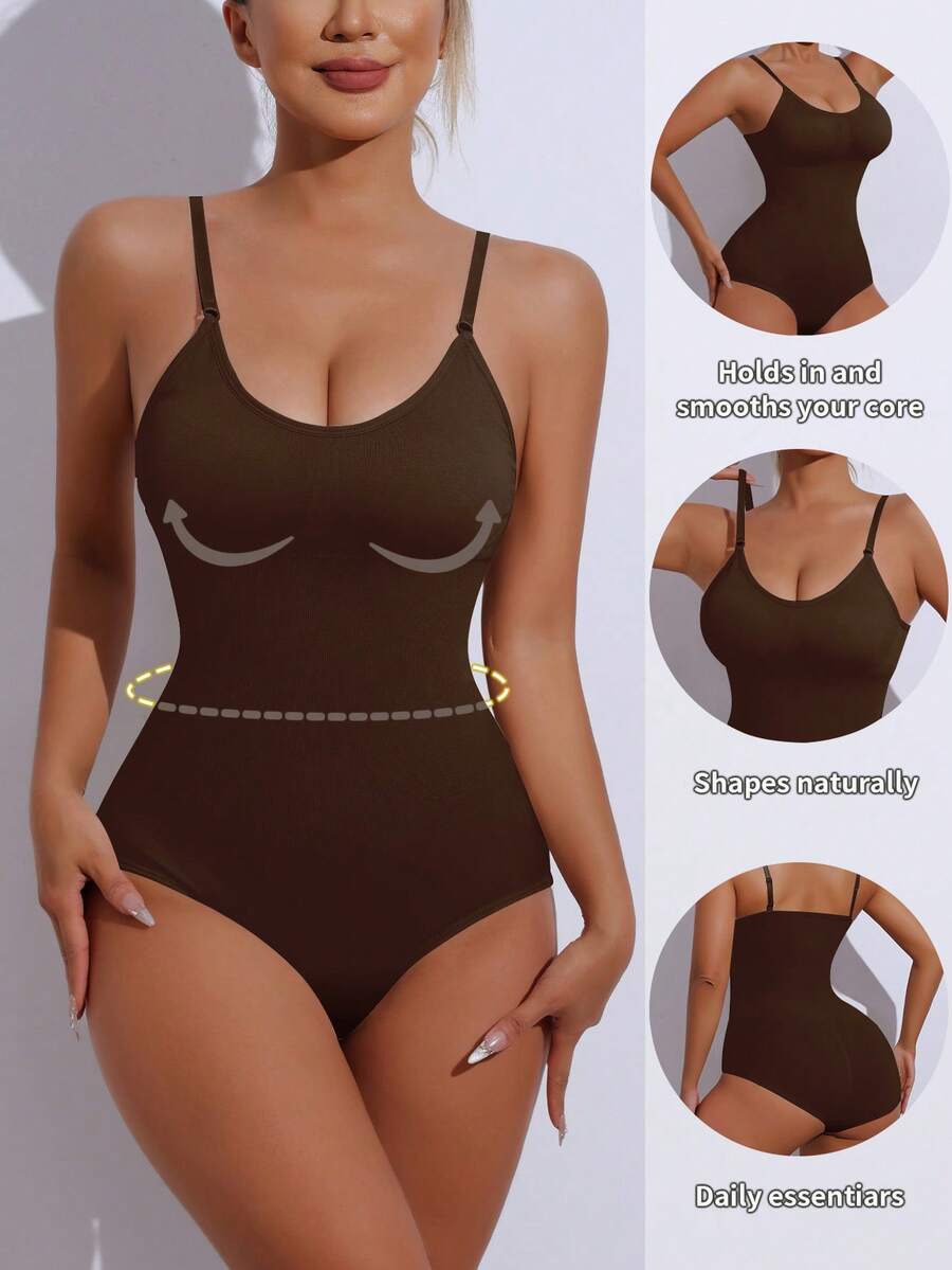 Shapewear Jumpsuit With Padded Bust, Tummy Control And Butt Lift, Ruched Bodycon Jumpsuit - Coffee Brown - View 1