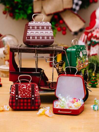 1 Retro Christmas Tin Decoration - A Mixed Mini Suitcase Metal Candy Box With Santa Claus And Holiday Patterns - Decorative Hanging Christmas Cookie Container (Excluding Battery) - Holiday Metal Gift Can, Suitable For Christmas Home Decoration, Holiday Party Decoration, Christmas Gifts
