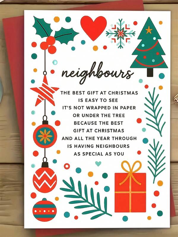 1 Christmas Card For Neighbors - Festive "Next Door" Design With Holly, Snowflakes & Candy Canes Includes Heartfelt Wishes Easy-To-Pass-Along Holiday Gift Paper Card No Batteries/Electronics Seasonal Celebration Premium Thick Stock High Quality Printing, Neighbor Appreciation, Durable Cardstock