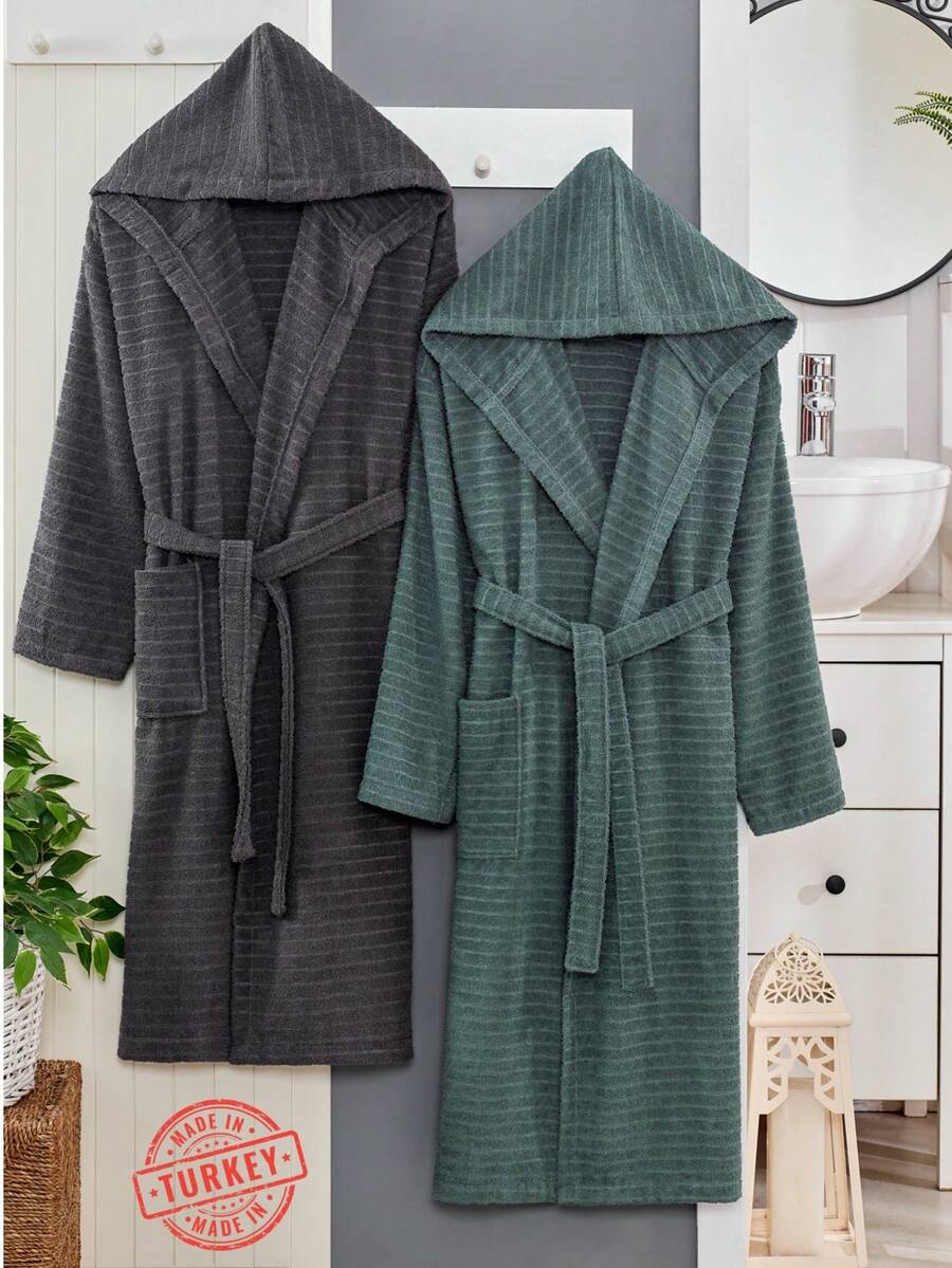 2-Piece 100% Cotton Unisex Bathrobe Set – Black & Green Color Options, Fluffy Hooded Robes For Women & Men, Terry Cloth, Soft With Long Belt – Ideal For Spa, Sauna & Daily Use – S/M & L/XL – Made In Turkey - 墨綠色 - 查看 1