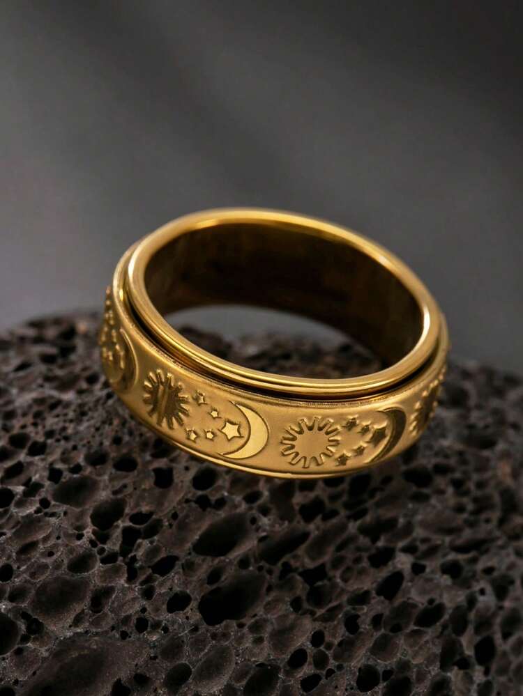 男士星星月亮戒指不锈钢18k镀金焦虑戒指时尚复古珠宝适合日常佩戴节日礼物 - 金黃色 - 查看 5