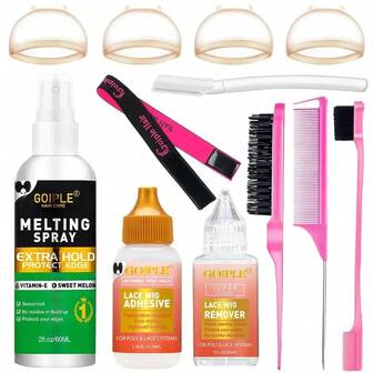 Goiple 12件装蕾丝前假发粘合剂套装，包含熔胶喷雾，无需胶水，持久粘合，易于佩戴和摘取，透明和粉色喷雾瓶配有涂抹器 - 隐形强力粘合，适合日常佩戴、特殊场合、敏感肤色 - 兼容蕾丝假发、假发帽、接发 - 女性理想之选