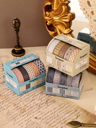 5卷/盒精美图案和纸胶带套装，适用于DIY手工、剪贴簿、子弹日记装饰、特殊计划笔记本、可爱文具、朋友礼物、计划用品。适合返校节、情人节、万圣节、圣诞节、感恩节、生日、返校季礼物、圣尼古拉斯节、三王节、圣诞快乐。5卷创意计划胶带（0.99*200厘米）