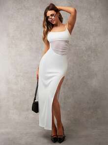 Vestido Longo Maxi Bodycon Deusa Sexy com Recorte na Cintura, Transparente e Fenda Lateral, Decote Redondo e Manga Curta, Vestido Longo Formal para Ocasiões Especiais, Vestido Longo Ajustado e Sem Costas para Verão, Formatura, Elegante, Festa, Igreja, Casamento, Praia, Férias