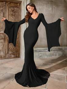 Vestido largo de sirena negro gótico para mujer, vestido formal con cuello en V, mangas acampanadas y parches de encaje, adecuado para disfraces de bruja gótica, vampiro de Halloween