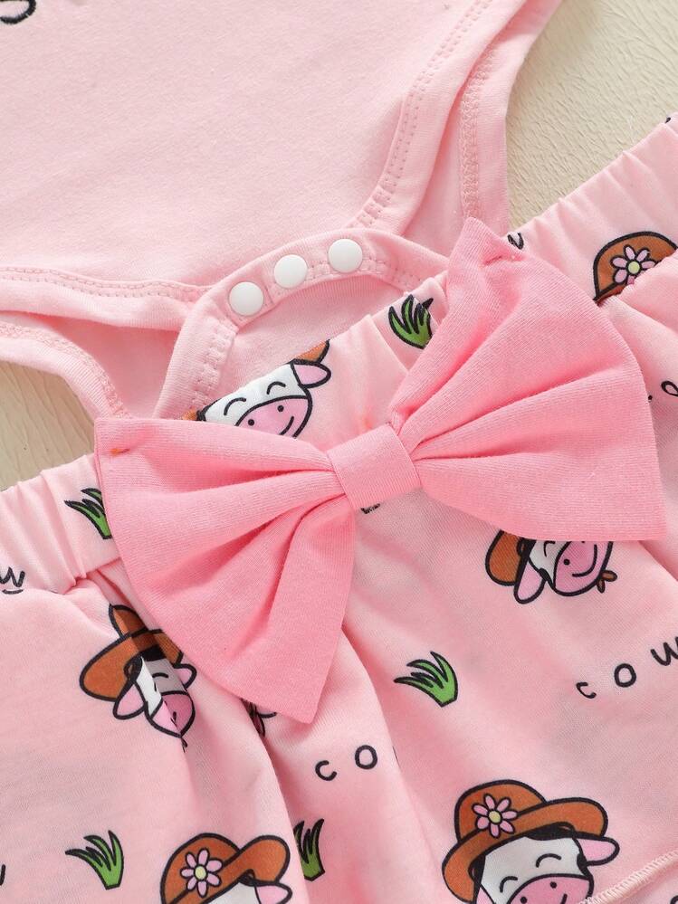 Baby Girl Outfits Cow Embroidery Long Sleeve Round Neck Romper Pattern Skirt Bow Headband Long Socks - Pink - View 6