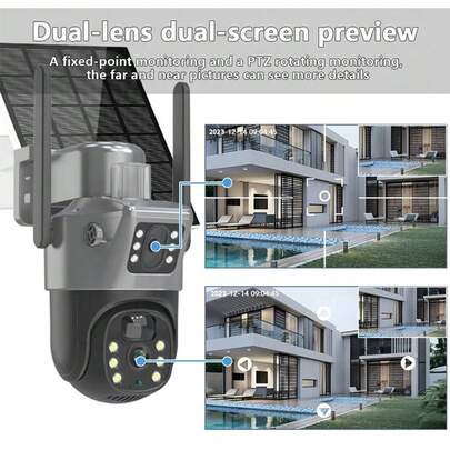 LIPETY Solar-Powered Dual-Lens Surveillance Camera | 2K HD Human Tracking + Motion Detection | 360° Panoramic Pan/Tilt | WiFi Wireless Waterproof Outdoor | Cloud Storage Or Memory Card Backup | Gray