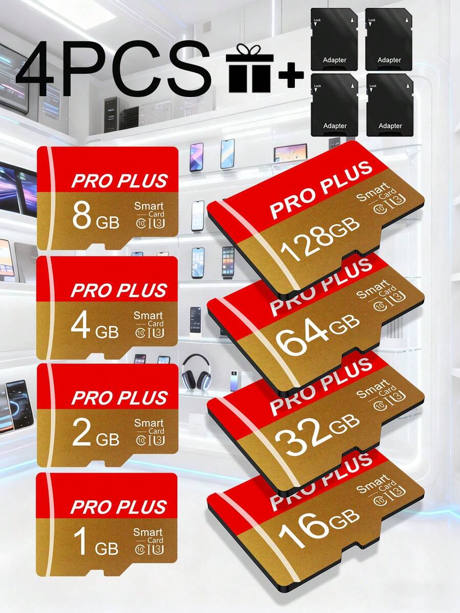 4-Piece Micro SD/TF Card Set (Includes Adapter) | Full Sizes: 128GB/64GB/32GB/16GB/8GB/4GB/2GB/1GB/512MB/256MB/128MB/64MB | Compatible With Phones/Tablets/Cameras/Dash Cams/Camcorders/Car Stereo/Game Consoles - Gold - View 1