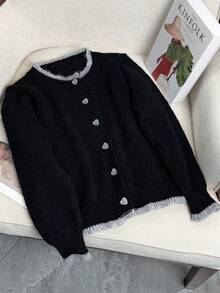 Wixra 2025 Autumn New Design Colorblock Heart Button Knitted Cardigan, Versatile Women Sweater Jacket - Black - View 2