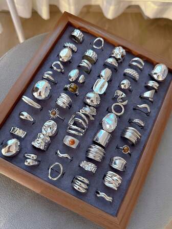 32pcs/20pcs/17pcs/14pcs/6pcs/3pcs Fashion Elegant Vintage Coin Style French Asymmetrical Faux Pearl Tiger Eye Sunflower Butterfly Geometric Line Twisted Embossed Curved Wide Adjustable Ring Set, Personalized Simple High-End Bohemian Style Thick Rings, Couples Accessories Suitable For Autumn/Winter, Vacation, Party, Holiday, Dating, Gift For Friends, Family, Classmates (Random Assortment)