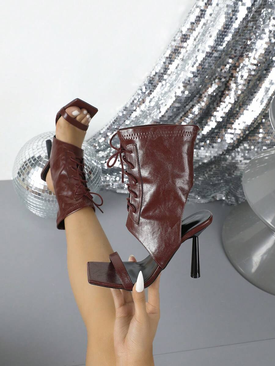 Women's Elegant Strap High Heel Sandals, Suitable For Commuting - Burgundy - View 1