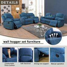 Reclining Living Room Furniture Set, Linen Fabric Recliner Couch Set, Manual Reclining Sofa And Loveseat With Recliner Chair Blue, Sofa+Loveseat+Chair