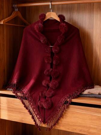 （不含胸针）1件装女士仿兔毛绒球蕾丝针织披肩斗篷，保暖百搭，适合通勤和日常穿着。