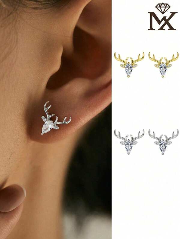 1 Pair Fashionable & Cute 925 Sterling Silver Cubic Zirconia Christmas Reindeer Antler Stud Earrings, Suitable For Women To Wear On Holidays And Everyday, Great Gift