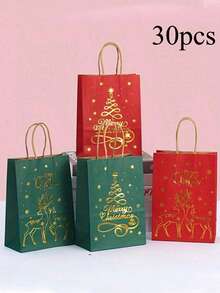 6/25pcs Christmas Kraft Paper Gift Bags, Red And Green With Golden Christmas Tree, Metallic Finish, Holiday Party Gift Bags With Handles, Suitable For Christmas Celebrations
