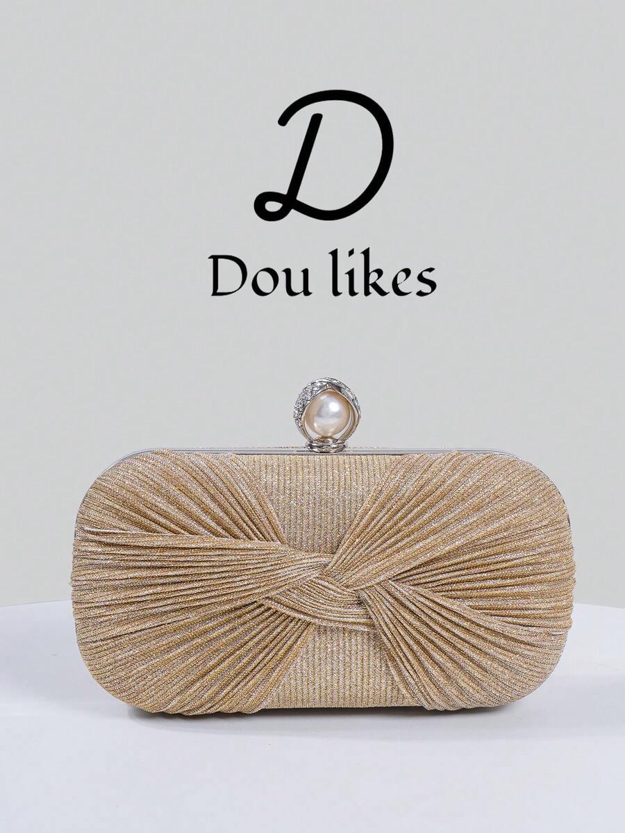 Elegant Champagne Pleated Woven Evening Clutch Bag, High-End Engagement Clutch Purse For Cheongsam Dress, With Metal Chain, Graceful Lady Party Clutch Suitable For Prom, Wedding, Graduation Dance, Formal Dinner/Banquet, Perfect Match For Women's Graduation Dance Dress, Graduation Dance Accessories, Sequin Dress, Shiny Dress, Women's Graceful Dress.