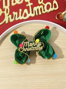 1pc Christmas Day Style Hair Bow Clips For Girls,Green Color Sparking Glitter Design Letter Decor Headdress,Bowknot Hair Clips Duck Clips Hair Accessories