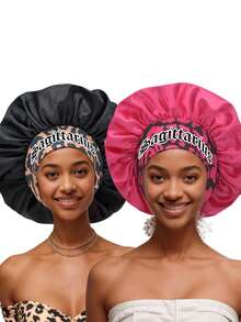 1pc Geometric & Leopard Print Polyester Satin Bonnet, 12 Constellations Personalized Printed Satin Wide-Brimmed Elastic Sleep Cap Hat (Random Printing Pattern) Hair Sleep Cap - Bean Paste Color 15/3 - View 8