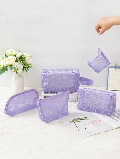 1 قطعة/5 قطع حقيبة تجميل شبكية مطبوعة، حقيبة تجميل بطبعة الحب، حقيبة تخزين شفافة مخملية، حقيبة تجميل سعة كبيرة محمولة، حقيبة تخزين مستحضرات التجميل، محفظة أحمر شفاه وعملات معدنية، حقيبة أدوات التجميل للسفر، حقيبة تخزين يدوية للنساء، حقيبة تجميل شبكية، حقيبة تخزين مجوفة، حقيبة أدوات التجميل شفافة مطبوعة بالقلب للسفر