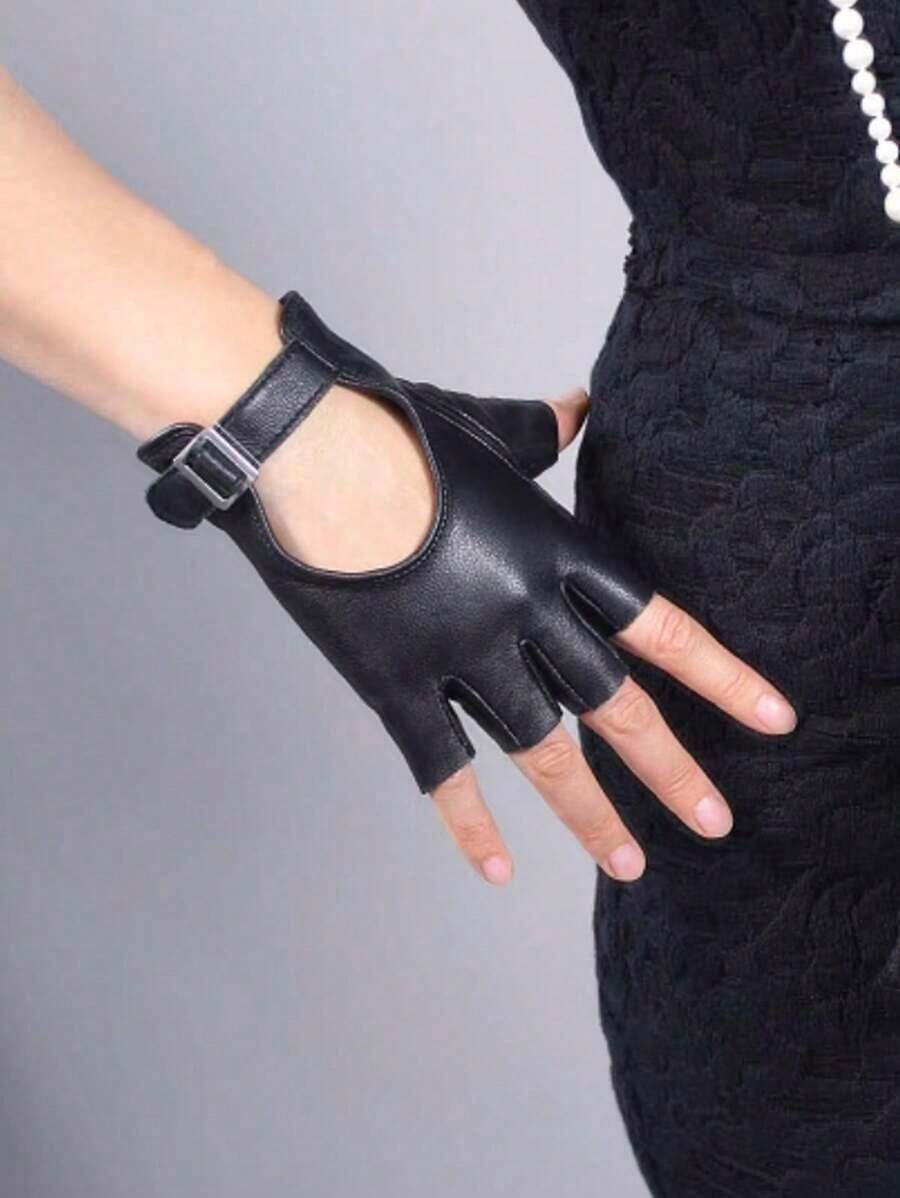 1pair Women's Black Half Finger Leather Gloves With Adjustable Width Metal Buckle For Motorcycle - màu đen - Xem 1