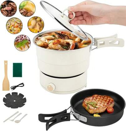 Olla EléCtrica Plegable PortáTil 500W, 8 Niveles De Temperatura, 1.6L, DiseñO Separado Con Tapa Transparente, Antiadherente, Apagado AutomáTico, Para Cocinar Sopas, Guisos, Salteados, Blanco